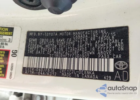 2015 Toyota Corolla Le из США, поврежденный, VIN 2T1BURHE7FC360902